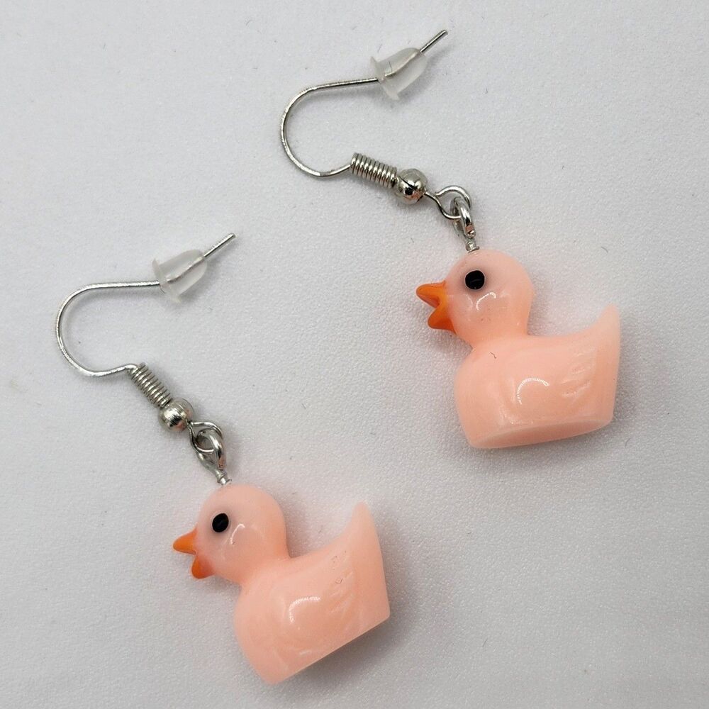 Pink Rubber Duck Dangle/Drop Earrings on Silvertone Hooks